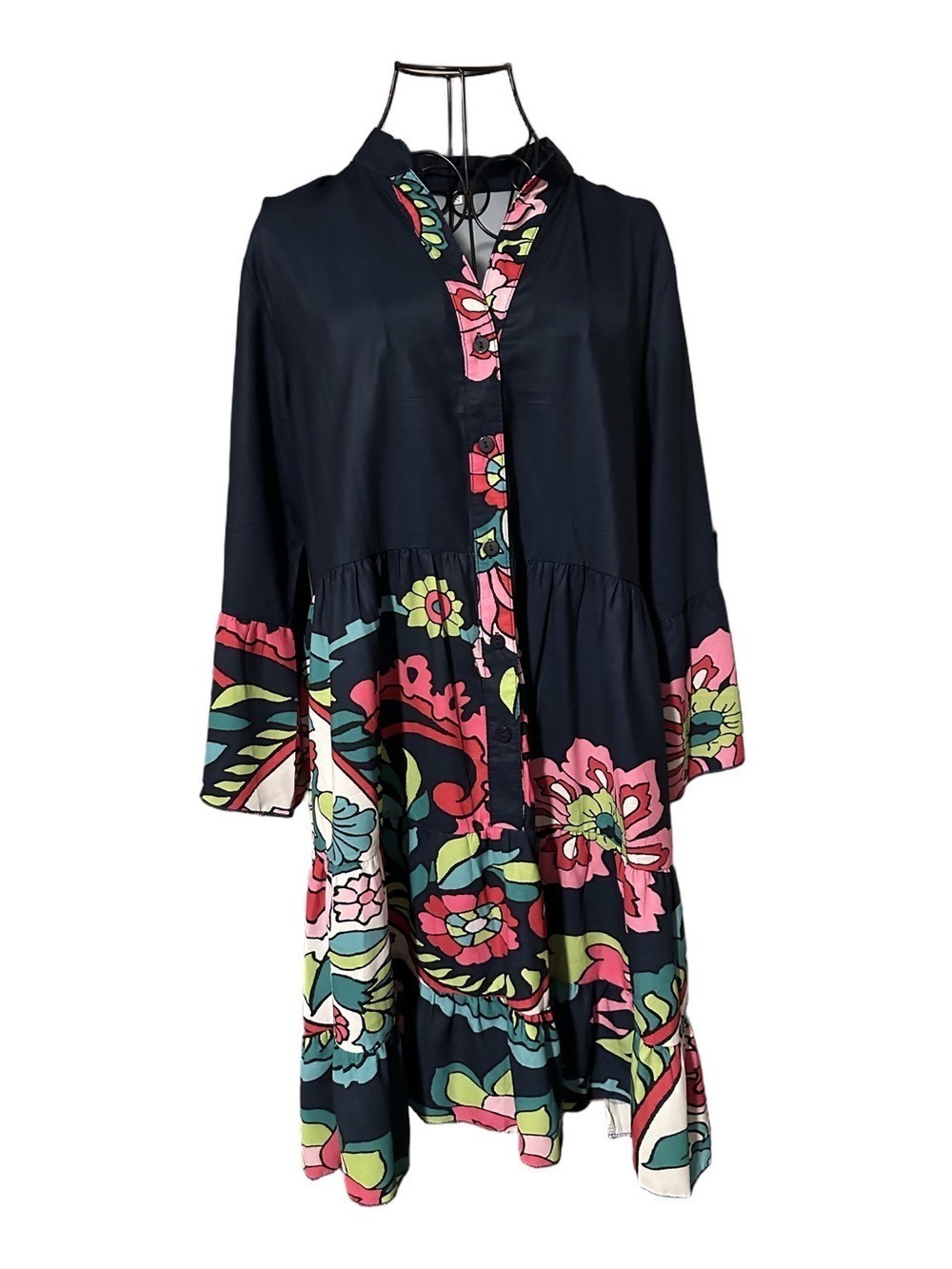 Navy Blue Floral Midi Dress with Pink & Green Print - Picture 2 of 5